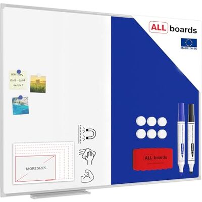 ALLboards Lavagna Bianca Magnetica e in Feltro Blu Combinata 120x90cm Scrivibile e Cancellabile a Secco per Puntine Magneti Calamite ALLboards Lavagna Bianca Magnetica e in Feltro Blu Combinata 120x90cm Scrivibile e Cancellabile a Secco per Puntine Magneti Calamite