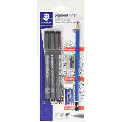 Staedtler 308 SBK3P2. Set de dibujo técnico: 3 Rotuladores Pigment Liner, lápiz, goma de borrar y afilalápices. Staedtler 308 SBK3P2. Set de dibujo técnico: 3 Rotuladores Pigment Liner, lápiz, goma de borrar y afilalápices.