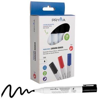 Pryma Marcatore Lavagna Bianca – Punta Tonda 2 mm, Cancellabile a Secco, Confezione da 10 Pezzi per Scuola, Ufficio e Casa (Nero) Pryma Marcatore Lavagna Bianca – Punta Tonda 2 mm, Cancellabile a Secco, Confezione da 10 Pezzi per Scuola, Ufficio e Casa (Nero)