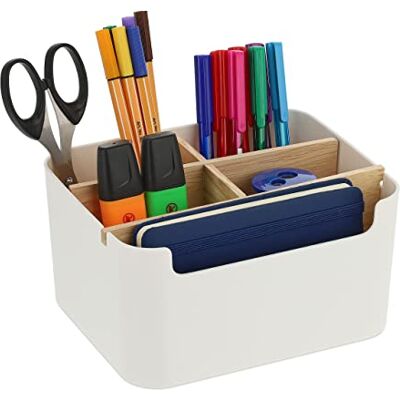 Relaxdays Organizer da Scrivania, 5 Scomparti, Portatrucchi in Plastica e Legno, Portapenne, 9,5 x 18 x 15 cm, Bianco Relaxdays Organizer da Scrivania, 5 Scomparti, Portatrucchi in Plastica e Legno, Portapenne, 9,5 x 18 x 15 cm, Bianco