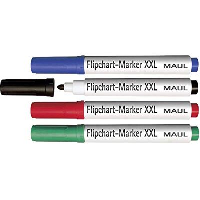 MAUL Pennarelli flipchart 4 colori rosso verde blu nero punta tonda scorrevole, asciugatura rapida, tonalità brillanti, cappuccio riposizionabile, inchiostro ad acqua MAUL Pennarelli flipchart 4 colori rosso verde blu nero punta tonda scorrevole, asciugatura rapida, tonalità brillanti, cappuccio riposizionabile, inchiostro ad acqua