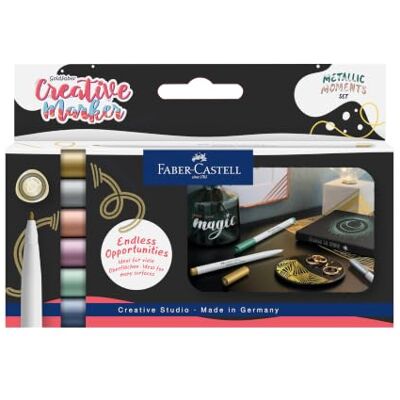 Faber-Castell pennarelli Metallics, 6 colori, spessore del tratto 1,5 mm Adatto a molte superfici, con effetto metallico in oro, argento, bronzo, viola, blu e verde Faber-Castell pennarelli Metallics, 6 colori, spessore del tratto 1,5 mm Adatto a molte superfici, con effetto metallico in oro, argento, bronzo, viola, blu e verde