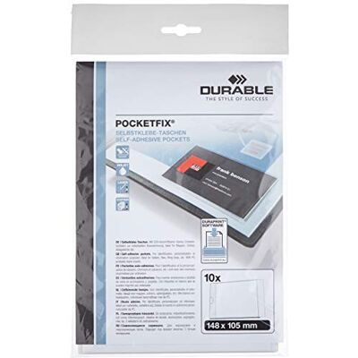 Durable Pocketfix, Tasca Adesiva, Apertura Lato Corto, Inserti Inclusi, 10 Pezzi, 152 x 109 mm, Trasparente Durable Pocketfix, Tasca Adesiva, Apertura Lato Corto, Inserti Inclusi, 10 Pezzi, 152 x 109 mm, Trasparente