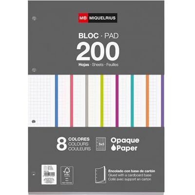 Miquelrius Blocchi di fogli di ricambio, Ricarica A4 incollata, 200 fogli quadrettati 5x5 mm, Carta opaca 70 g/m², Fogli perforati per raccoglitori ad anelli, Materiale scolastico, 8 colori Miquelrius Blocchi di fogli di ricambio, Ricarica A4 incollata, 200 fogli quadrettati 5x5 mm, Carta opaca 70 g/m², Fogli perforati per raccoglitori ad anelli, Materiale scolastico, 8 colori