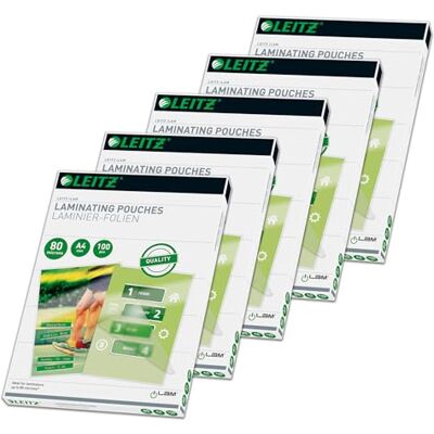 Leitz Buste per plastificazione a caldo, formato A4, 80 micron, confezione da 5 x 100 pezzi, di alta qualità, con angoli arrotondati, trasparenti, lucide, per uso domestico o ufficio Leitz Buste per plastificazione a caldo, formato A4, 80 micron, confezione da 5 x 100 pezzi, di alta qualità, con angoli arrotondati, trasparenti, lucide, per uso domestico o ufficio
