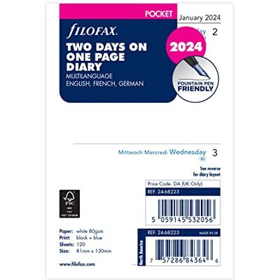 Filofax Agenda tascabile 2024 in lingua inglese/francese/tedesca due giorni per pagina Filofax Agenda tascabile 2024 in lingua inglese/francese/tedesca due giorni per pagina