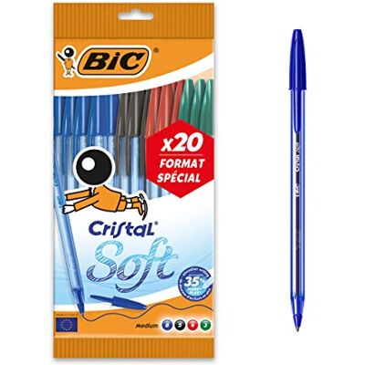 BIC Cristal Soft Penne a sfera punta media (1,2 mm) Colori assortiti, sacchetto formato speciale da 20 BIC Cristal Soft Penne a sfera punta media (1,2 mm) Colori assortiti, sacchetto formato speciale da 20