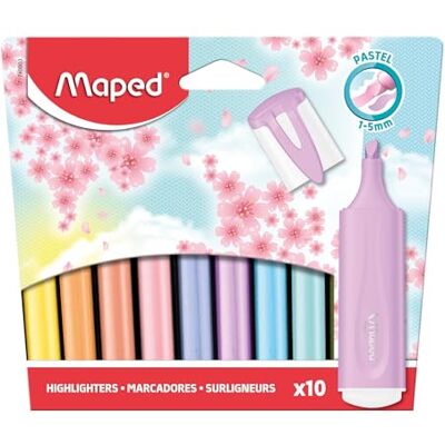 Maped 10 evidenziatori pastello Punta smussata Evidenziatori a lunga durata per uso scolastico e professionale Maped 10 evidenziatori pastello Punta smussata Evidenziatori a lunga durata per uso scolastico e professionale