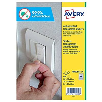 Avery Italia AM00SA4 Adesivi antimicrobici, adesivo permanente, quadrati misti, 68 adesivi per foglio, confezione da 10 fogli Avery Italia AM00SA4 Adesivi antimicrobici, adesivo permanente, quadrati misti, 68 adesivi per foglio, confezione da 10 fogli