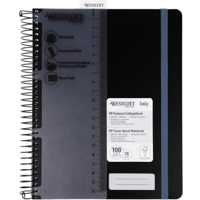 Westcott Quaderno spirale PP A5 quadretti Nero 100 fogli Quaderno spirale A5 copertina PP 70 g/m², FSC-Mix (FSC® C189289), 200 p., campo nome, segnalibro/righello Westcott Quaderno spirale PP A5 quadretti Nero 100 fogli Quaderno spirale A5 copertina PP 70 g/m², FSC-Mix (FSC® C189289), 200 p., campo nome, segnalibro/righello