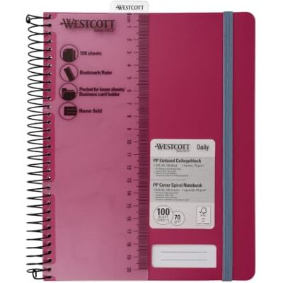 Westcott Quaderno spirale PP A5 quadretti Berry 100 fogli Quaderno spirale A5 copertina PP 70 g/m², FSC-Mix (FSC® C189289), 200 p., campo nome, segnalibro/righello Westcott Quaderno spirale PP A5 quadretti Berry 100 fogli Quaderno spirale A5 copertina PP 70 g/m², FSC-Mix (FSC® C189289), 200 p., campo nome, segnalibro/righello