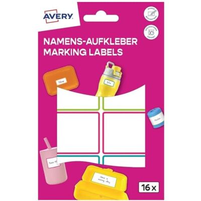 Avery Adesivi con nome per bambini, impermeabili, 16 pezzi (35 x 36 mm, pellicola autoadesiva, etichette con nome, etichette scrivibili, lavabili in lavastoviglie, per scuola Avery Adesivi con nome per bambini, impermeabili, 16 pezzi (35 x 36 mm, pellicola autoadesiva, etichette con nome, etichette scrivibili, lavabili in lavastoviglie, per scuola