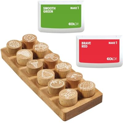 COLOP Woodies set di timbri in legno "Mix" con 12 motivi, timbri di riconoscimento e motivazionali in legno di faggio, dimensione: Ø 29 mm, incl. 2 tamponi di inchiostro, rosso e verde, 50 x 90 mm COLOP Woodies set di timbri in legno "Mix" con 12 motivi, timbri di riconoscimento e motivazionali in legno di faggio, dimensione: Ø 29 mm, incl. 2 tamponi di inchiostro, rosso e verde, 50 x 90 mm