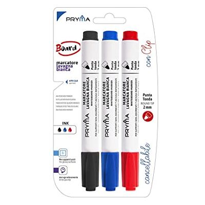 Pryma Marcatore Lavagna Bianca a Punta Tonda 2 mm (Blu, Nero, Rosso) Ideale per Lavagne Bianche, Superfici Lucide e Lavagnette Inchiostro Cancellabile, Precisione e Versatilità Pryma Marcatore Lavagna Bianca a Punta Tonda 2 mm (Blu, Nero, Rosso) Ideale per Lavagne Bianche, Superfici Lucide e Lavagnette Inchiostro Cancellabile, Precisione e Versatilità