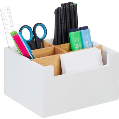Relaxdays Organizer da Scrivania, in bambù, 5 Scomparti, Portapenne da Ufficio, Box Cosmetici, 9,5 x 18 x 15 cm, Bianco Relaxdays Organizer da Scrivania, in bambù, 5 Scomparti, Portapenne da Ufficio, Box Cosmetici, 9,5 x 18 x 15 cm, Bianco