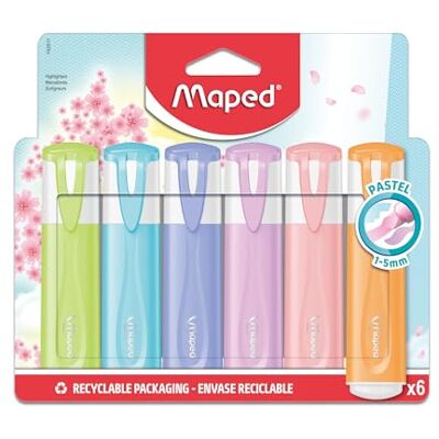 Maped 6 evidenziatori pastello punta smussata evidenziatori a lunga durata per uso scolastico e professionale arancione, viola, blu, rosa, lilla e verde pastello Maped 6 evidenziatori pastello punta smussata evidenziatori a lunga durata per uso scolastico e professionale arancione, viola, blu, rosa, lilla e verde pastello