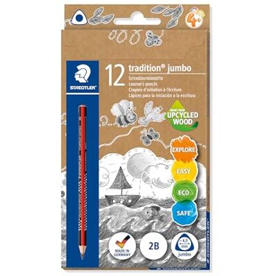 Staedtler jumbo 1285 Matita per imparare a scrivere, realizzata in legno Upcycled Wood, superficie morbida antiscivolo, made in Germany, prodotto singolo 2B, scatola pieghevole, 12 matite, 1285-0 Staedtler jumbo 1285 Matita per imparare a scrivere, realizzata in legno Upcycled Wood, superficie morbida antiscivolo, made in Germany, prodotto singolo 2B, scatola pieghevole, 12 matite, 1285-0