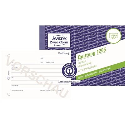 Avery Blocco di ricevute (A6 orizzontale, con IVA certificata da esperti di destra, per DE/AT per una buona contabilità, 100 fogli, 100% riciclato, certificato Blauer Engel) Avery Blocco di ricevute (A6 orizzontale, con IVA certificata da esperti di destra, per DE/AT per una buona contabilità, 100 fogli, 100% riciclato, certificato Blauer Engel)