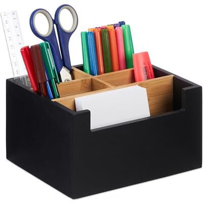 Relaxdays Organizer da Scrivania, in bambù, 5 Scomparti, Portapenne da Ufficio, Box Cosmetici, 9,5 x 18 x 15 cm, Nero Relaxdays Organizer da Scrivania, in bambù, 5 Scomparti, Portapenne da Ufficio, Box Cosmetici, 9,5 x 18 x 15 cm, Nero