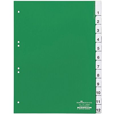 Durable Divisorio con cavalierini termosaldati e set di etichette stampate e preinserite 1-12, f.to A4, 12 tasti, foratura universale, verde Durable Divisorio con cavalierini termosaldati e set di etichette stampate e preinserite 1-12, f.to A4, 12 tasti, foratura universale, verde
