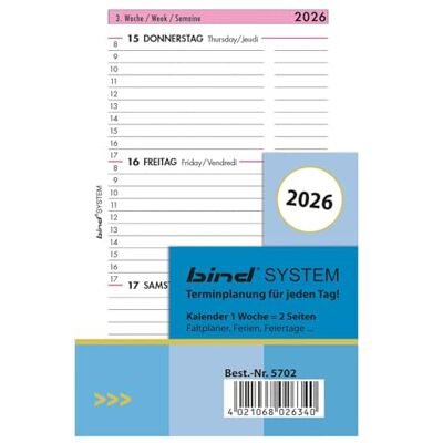 BIND Inserto per calendario settimanale, formato A7, con timer, anno 2026, 1 settimana/2 pagine, calendario con sistema, calendario per agenda e agenda standard BIND Inserto per calendario settimanale, formato A7, con timer, anno 2026, 1 settimana/2 pagine, calendario con sistema, calendario per agenda e agenda standard