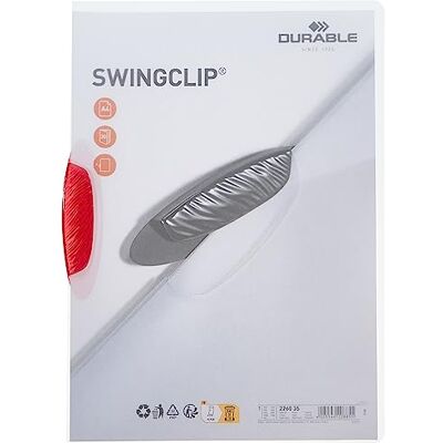 Durable Swingclip, Cartellina Portadocumenti con Clip Laterale Ellittica, Capacità 30 Fogli, Formato A4, Confezione da 25 Pezzi, Rosso Porpora Durable Swingclip, Cartellina Portadocumenti con Clip Laterale Ellittica, Capacità 30 Fogli, Formato A4, Confezione da 25 Pezzi, Rosso Porpora