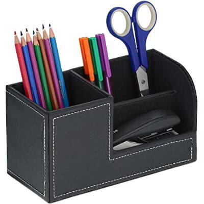 Relaxdays Organizer da Scrivania Ufficio, 3 Scomparti Portaoggetti in Similpelle, Portapenne, HLP: 11x20x9,5 cm, Nero Relaxdays Organizer da Scrivania Ufficio, 3 Scomparti Portaoggetti in Similpelle, Portapenne, HLP: 11x20x9,5 cm, Nero
