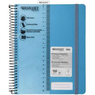 Westcott Quaderno spirale PP A5 quadretti Turchese 100 fogli Quaderno spirale A5 copertina PP 70 g/m², FSC-Mix (FSC® C189289), 200 p., campo nome, segnalibro/righello Westcott Quaderno spirale PP A5 quadretti Turchese 100 fogli Quaderno spirale A5 copertina PP 70 g/m², FSC-Mix (FSC® C189289), 200 p., campo nome, segnalibro/righello