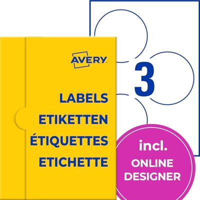 Avery Etichette con nome (150 adesivi per nome, rotondi, Ø 100 mm su A4, autoadesive, stampabili in seta acetata per stampanti laser, rimovibili senza residui), 50 fogli, bianco Avery Etichette con nome (150 adesivi per nome, rotondi, Ø 100 mm su A4, autoadesive, stampabili in seta acetata per stampanti laser, rimovibili senza residui), 50 fogli, bianco