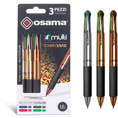 OSAMA , 4 Multi-Set Penne Colorate Cromate 4 Colori, 3 Pezzi-Penna Multicolore a Sfera 1.0 mm con Inchiostro Nero, Blu, Rosso e Verde, Ideale per Cartoleria e Cancelleria Scuola, Università e Ufficio OSAMA , 4 Multi-Set Penne Colorate Cromate 4 Colori, 3 Pezzi-Penna Multicolore a Sfera 1.0 mm con Inchiostro Nero, Blu, Rosso e Verde, Ideale per Cartoleria e Cancelleria Scuola, Università e Ufficio