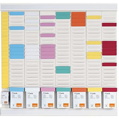 Nobo Kit calendario settimanale a T, da parete, 7 colonne e 24 fessure per schede T indice 2, con inserti a T colorati/colonna indice incluso, colore: bianco Nobo Kit calendario settimanale a T, da parete, 7 colonne e 24 fessure per schede T indice 2, con inserti a T colorati/colonna indice incluso, colore: bianco
