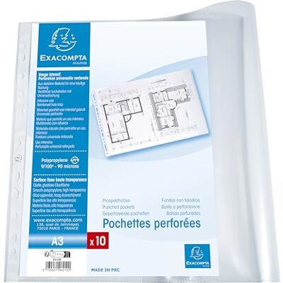 Exacompta Rif. 6210E Cartone da 5 bustine da 10 buste perforate in PP liscio 9/100e, perforazione universale con 11 fori, formato A3 orizzontale/paesaggio, apertura superiore, incolore Exacompta Rif. 6210E Cartone da 5 bustine da 10 buste perforate in PP liscio 9/100e, perforazione universale con 11 fori, formato A3 orizzontale/paesaggio, apertura superiore, incolore