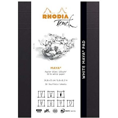 Rhodia TOUCH Blocco White Maya Pad A5 Uni 50 Fogli Carta Clairefontaine Maya Bianco 120 g/m² per la calligrafia e i disegni di precisione a matita, liner e pennino Rhodia TOUCH Blocco White Maya Pad A5 Uni 50 Fogli Carta Clairefontaine Maya Bianco 120 g/m² per la calligrafia e i disegni di precisione a matita, liner e pennino