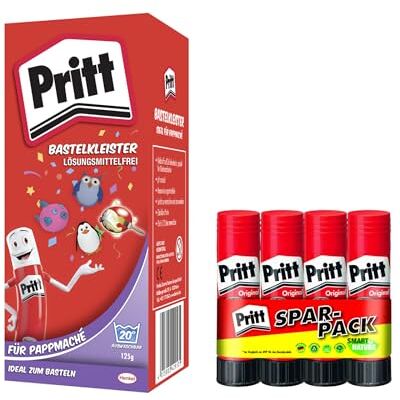 Pritt Set di colle , colla per lavori manuali 125 g e stick di colla 4x 11 g, polvere per cartapesta, colla trasparente per lavori manuali, per la scuola e l’ufficio Pritt Set di colle , colla per lavori manuali 125 g e stick di colla 4x 11 g, polvere per cartapesta, colla trasparente per lavori manuali, per la scuola e l’ufficio