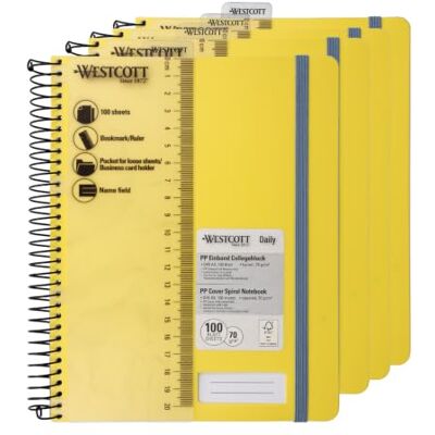 Westcott Quaderno spirale PP A5 quadretti Giallo (Conf. 4) Quaderno spirale A5 copertina PP 70 g/m², FSC-Mix (FSC® C189289), 200 p., campo nome, segnalibro/righello Westcott Quaderno spirale PP A5 quadretti Giallo (Conf. 4) Quaderno spirale A5 copertina PP 70 g/m², FSC-Mix (FSC® C189289), 200 p., campo nome, segnalibro/righello