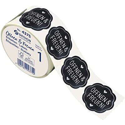 Avery 600 adesivi "Open and Enjoy (Made in Germany", diametro 38 mm, colore nero, lettere argentate, autoadesivi, decorazione regalo, biglietti, borse, buoni), Avery 600 adesivi "Open and Enjoy (Made in Germany", diametro 38 mm, colore nero, lettere argentate, autoadesivi, decorazione regalo, biglietti, borse, buoni),