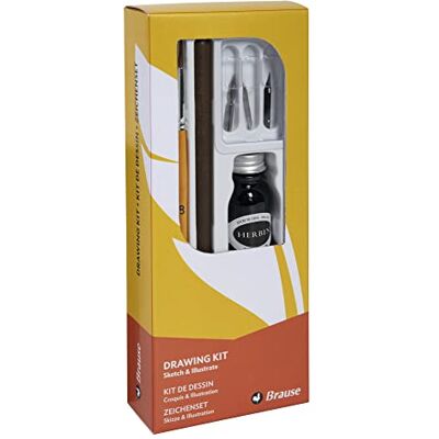 Brause Kit di apprendimento, comprende 3 pennini da disegno (66B, 511B e 513B), un portapenne in legno, un pennello, un flacone di inchiostro di china nero e istruzioni d'uso Brause Kit di apprendimento, comprende 3 pennini da disegno (66B, 511B e 513B), un portapenne in legno, un pennello, un flacone di inchiostro di china nero e istruzioni d'uso