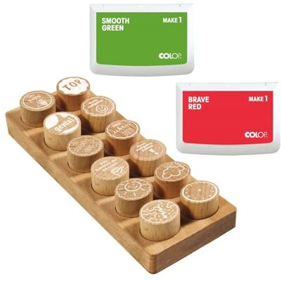COLOP Woodies set di timbri in legno "Motivation" con 12 motivi, timbro di riconoscimento e motivazione in legno di faggio, Ø 29 mm, incl. 2 tamponi d'inchiostro, rosso e verde, 50 x 90 mm COLOP Woodies set di timbri in legno "Motivation" con 12 motivi, timbro di riconoscimento e motivazione in legno di faggio, Ø 29 mm, incl. 2 tamponi d'inchiostro, rosso e verde, 50 x 90 mm