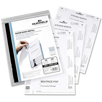 Durable Door sign refill, fogli A4 stampabili microperforati per targhe fuori porta, bianco, confezione da 10 fogli (50 inserti) Durable Door sign refill, fogli A4 stampabili microperforati per targhe fuori porta, bianco, confezione da 10 fogli (50 inserti)