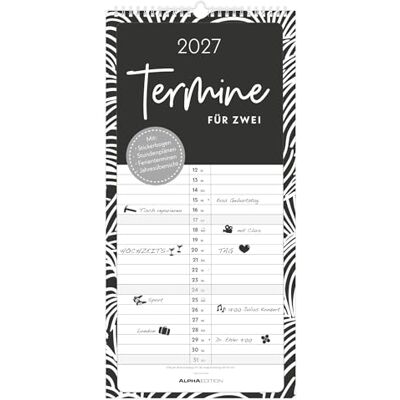 Alpha Termine für 2 Black and White 2027: Familienplaner 22x45 cm mit 2 Spalten, Stickerbogen, Schulferien & Jahresübersicht, ideal für Paare Alpha Termine für 2 Black and White 2027: Familienplaner 22x45 cm mit 2 Spalten, Stickerbogen, Schulferien & Jahresübersicht, ideal für Paare