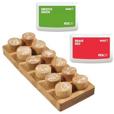 COLOP Woodies set di timbri in legno "Animali della fattoria" con 12 motivi, timbro di riconoscimento e motivazionale in legno di faggio, 29 mm, incl. 2 tamponi d'inchiostro, rosso e verde, 50 x 90mm COLOP Woodies set di timbri in legno "Animali della fattoria" con 12 motivi, timbro di riconoscimento e motivazionale in legno di faggio, 29 mm, incl. 2 tamponi d'inchiostro, rosso e verde, 50 x 90mm