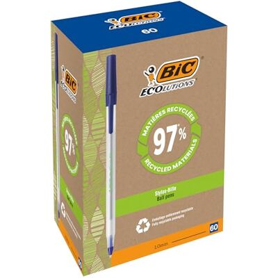BIC Ecolutions Round Stic, Penne Blu a Sfera, 74% di Plastica Riciclata, Punta Media 1 mm, 60 Unità, Cancelleria Ufficio BIC Ecolutions Round Stic, Penne Blu a Sfera, 74% di Plastica Riciclata, Punta Media 1 mm, 60 Unità, Cancelleria Ufficio