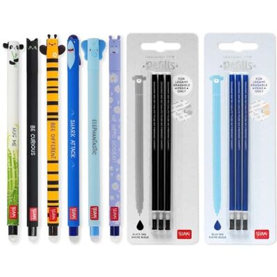 Legami Set di 6 penne gel cancellabili + 6 ricariche con inchiostro termosensibile, inchiostro nero e blu, punta da 0,7 mm, panda, gatto, ape, squalo, elefante e ippopotamo Legami Set di 6 penne gel cancellabili + 6 ricariche con inchiostro termosensibile, inchiostro nero e blu, punta da 0,7 mm, panda, gatto, ape, squalo, elefante e ippopotamo