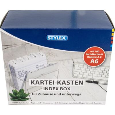Stylex Scatola per schede A6, scatola trasparente per schede comprende 100 schede a righe bianche e indice A-Z Stylex Scatola per schede A6, scatola trasparente per schede comprende 100 schede a righe bianche e indice A-Z