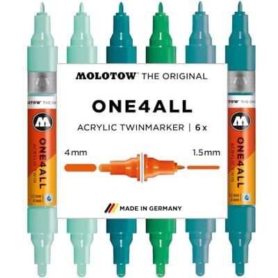 Molotow One4All Acrylic Twin Marker Tropical Set (1,5 e 4,0 mm di spessore, altamente coprente e permanente, ad asciugatura rapida, ricaricabile, per quasi tutte le superficie), 6 pezzi assortiti Molotow One4All Acrylic Twin Marker Tropical Set (1,5 e 4,0 mm di spessore, altamente coprente e permanente, ad asciugatura rapida, ricaricabile, per quasi tutte le superficie), 6 pezzi assortiti
