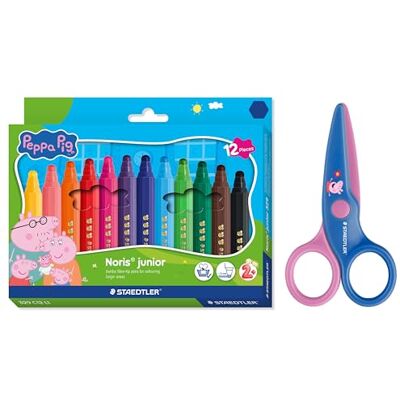 Staedtler Noris junior Peppa Wutz set con 12 penne in fibra e forbici per bambini con punte arrotondate per i primi esercizi di crafting Staedtler Noris junior Peppa Wutz set con 12 penne in fibra e forbici per bambini con punte arrotondate per i primi esercizi di crafting