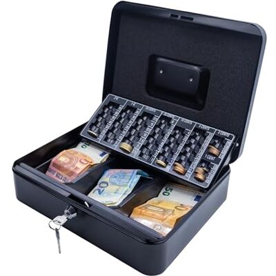 iggual Scatola di contanti con 2 chiavi per conteggio e trasporto di denaro, contenitore portatile con vassoio organizer per monete e banconote, nero iggual Scatola di contanti con 2 chiavi per conteggio e trasporto di denaro, contenitore portatile con vassoio organizer per monete e banconote, nero
