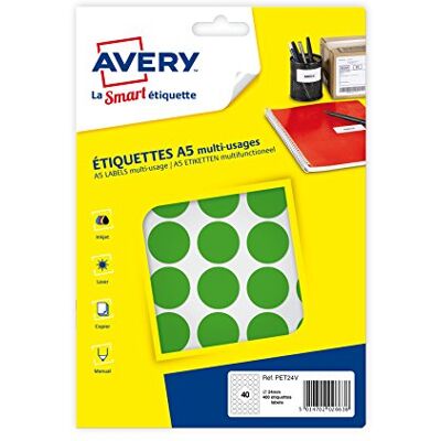 Avery Custodia da 400 pastiglie verdi autoadesive, diametro 24 mm PET24 V Avery Custodia da 400 pastiglie verdi autoadesive, diametro 24 mm PET24 V