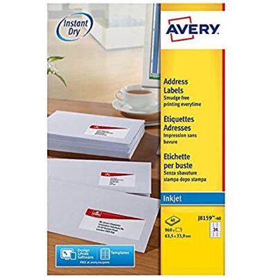 Avery Etichette autoadesive (24 per foglio) – 63,5 x 33,9 mm – Stampa a Getto d'Inchiostro, Bianco, Imballaggio: 40 fogli 63,5 x 33,9 mm bianco Avery Etichette autoadesive (24 per foglio) – 63,5 x 33,9 mm – Stampa a Getto d'Inchiostro, Bianco, Imballaggio: 40 fogli 63,5 x 33,9 mm bianco