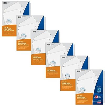 Avery Divisori inseribili extra larghi per raccoglitori a 3 anelli, set da 5 schede, carta bianca, linguette trasparenti, set di 6 divisori () Avery Divisori inseribili extra larghi per raccoglitori a 3 anelli, set da 5 schede, carta bianca, linguette trasparenti, set di 6 divisori ()
